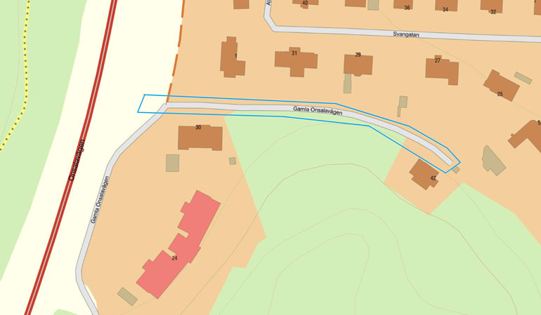 Karta som visar den del av Gamla onsalavägen som påverkas av arbetet.