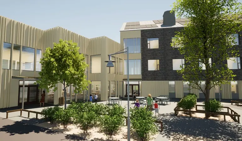 Illustration av hur framtida Skårbyskolan kan komma att se ut. Illustrationen föreställer en stor vit och grå byggnad med stora fönster.
