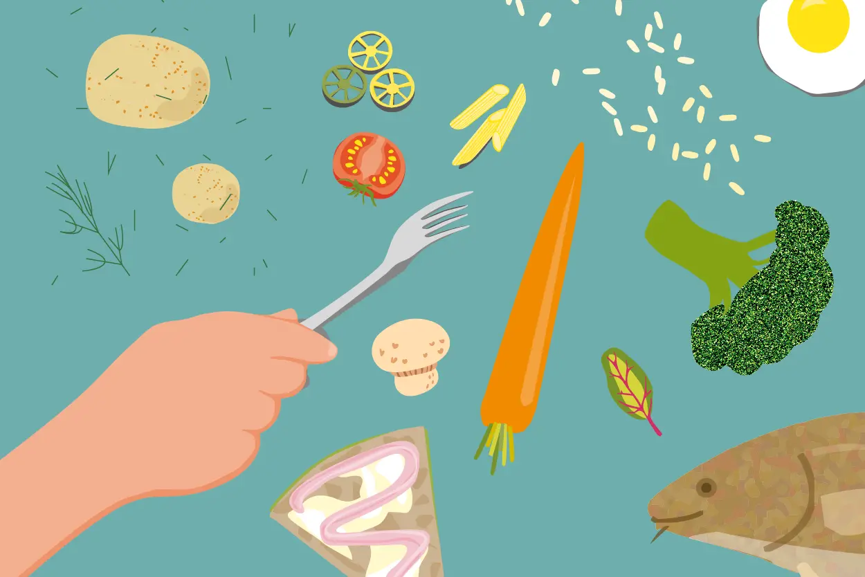 Illustrationen en hand med gaffel och olika grönsaker