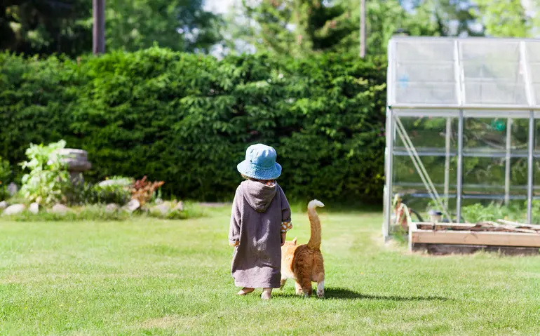 Flicka och katt går mot ett växthus i trädgården
