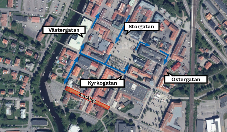 Kartöverblick som visar att Vallgatan är avstängd mellan Kyrkogatan och Västergatan.