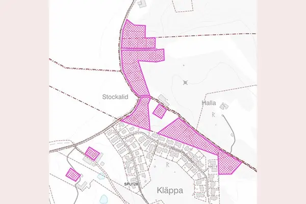 Kartbilden markerar berörda fastigheter för vatten och avlopp i Kläppa