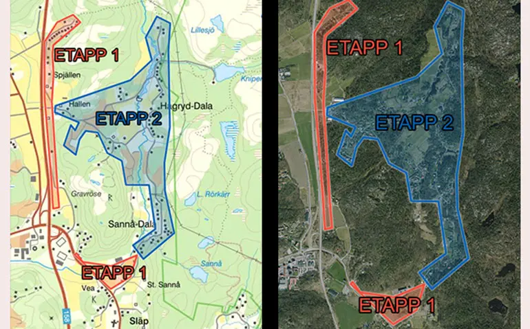 Kartbild som visar vilka områden som berörs i de två etapperna för vatten och avlopp i Hagryd-Dala