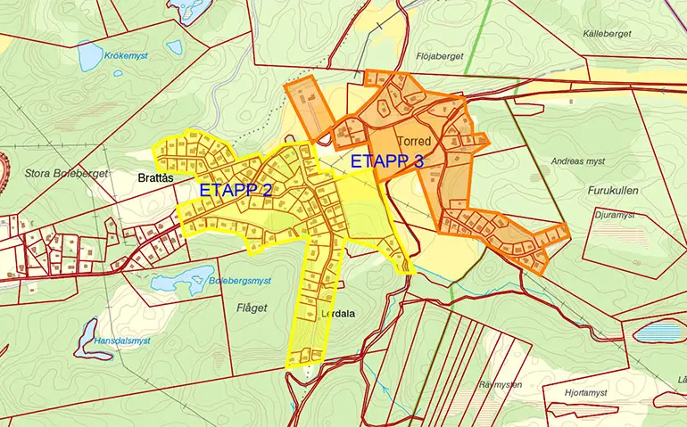 Kartbilden markerar berörda fastigheter för vatten och avlopp i Torred.
