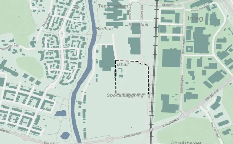 Planområdet för Kungsbacka arena är markerat med svart streckad linje