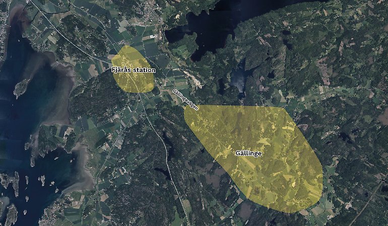 Flygfoto över Fjärås och Gällinge, markerade områden i gult